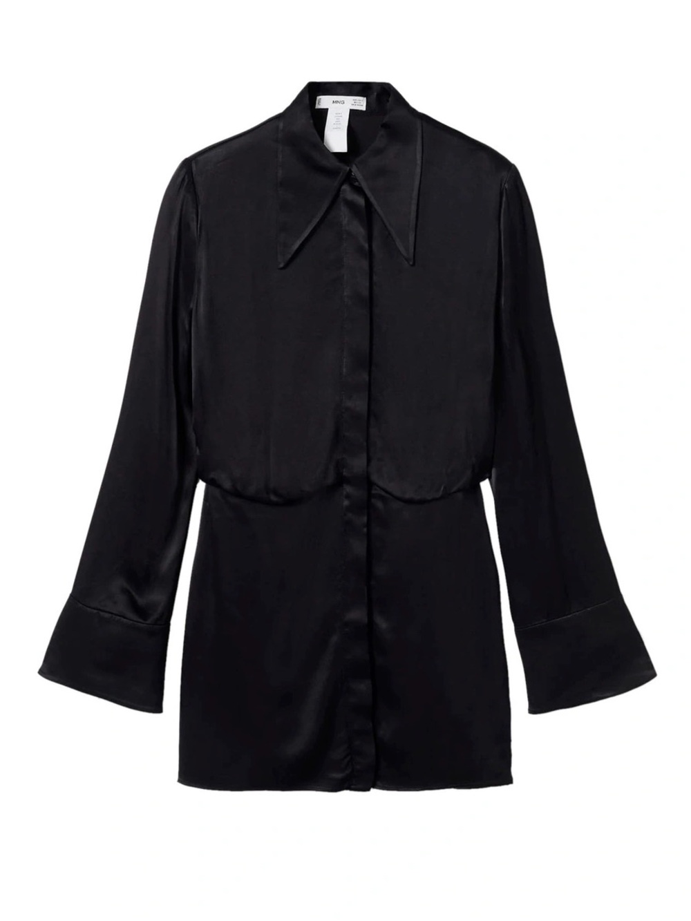 NWT Mango Satin Black Shirt Dress Pointed Collar Wide Bell Cuffs Mini